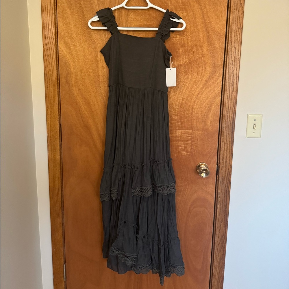 Joyfolie Black Ruffled Strap Tiered Maxi Dress